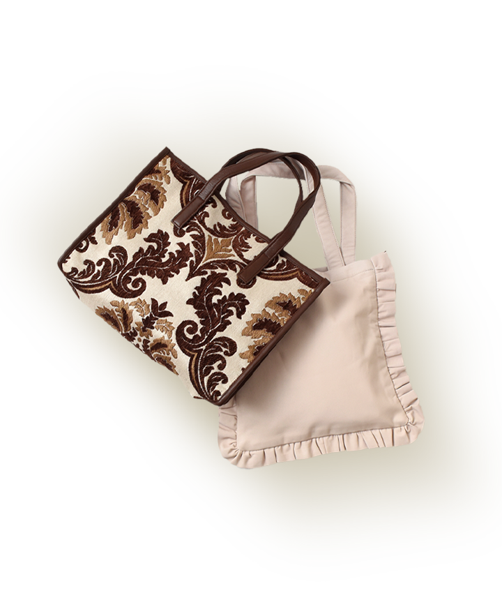 The Bagmati（バグマティ）レザーハンドル ゴブラン織り トートバッグ ／Sisii（シシ）レザー ミニ サイズ フリル トートバッグ "mini size frill bag"