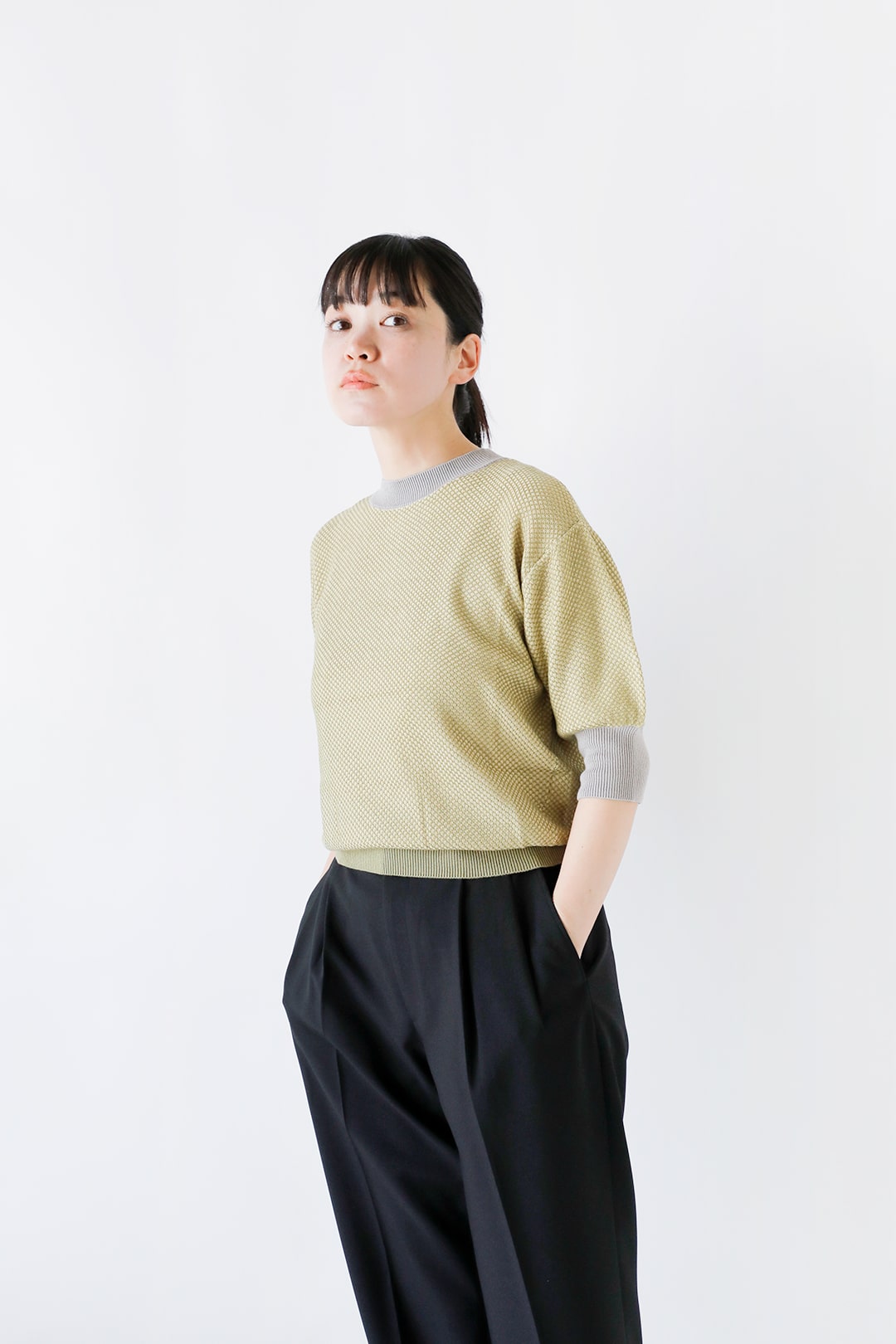 kelen バイカラーメッシュニットトップス MEDY