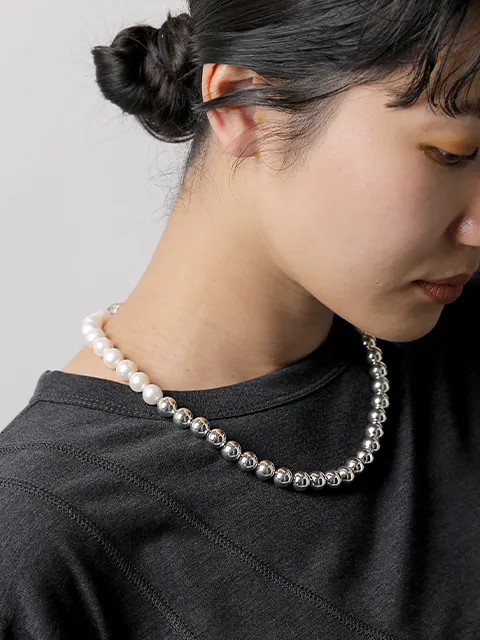メタリックボール 淡水パール ネックレス