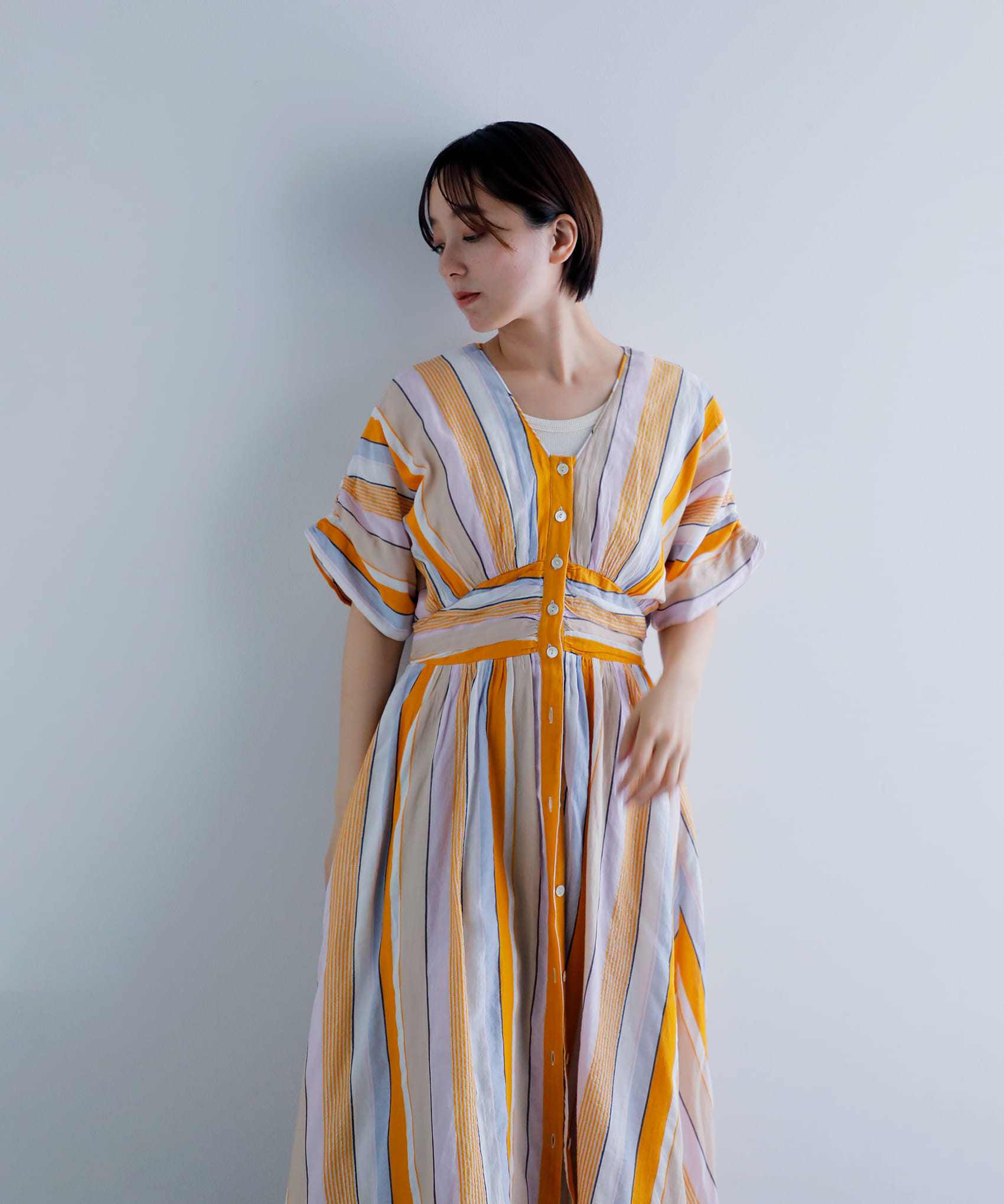 ne Quittez pas　aranciato別注 コットンボイル ストライプ ウエストギャザー ドレス
