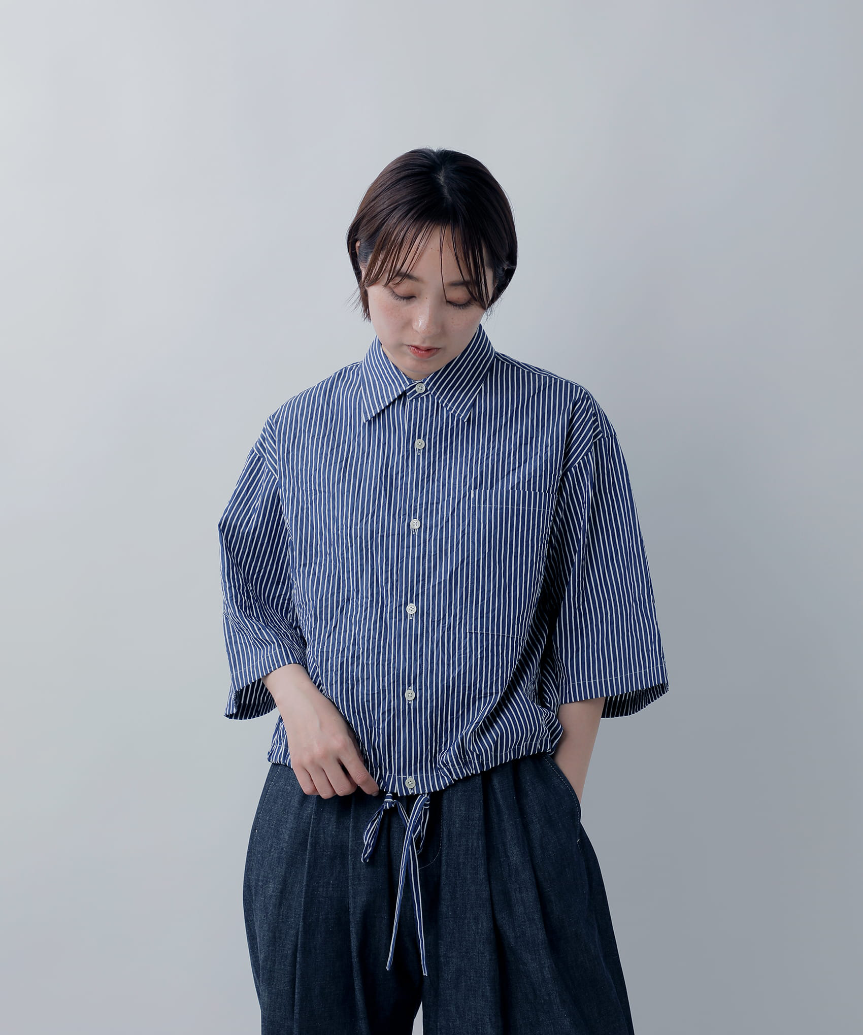 nicholson&nicholsonクリンクルコットン 半袖 ストライプ シャツ