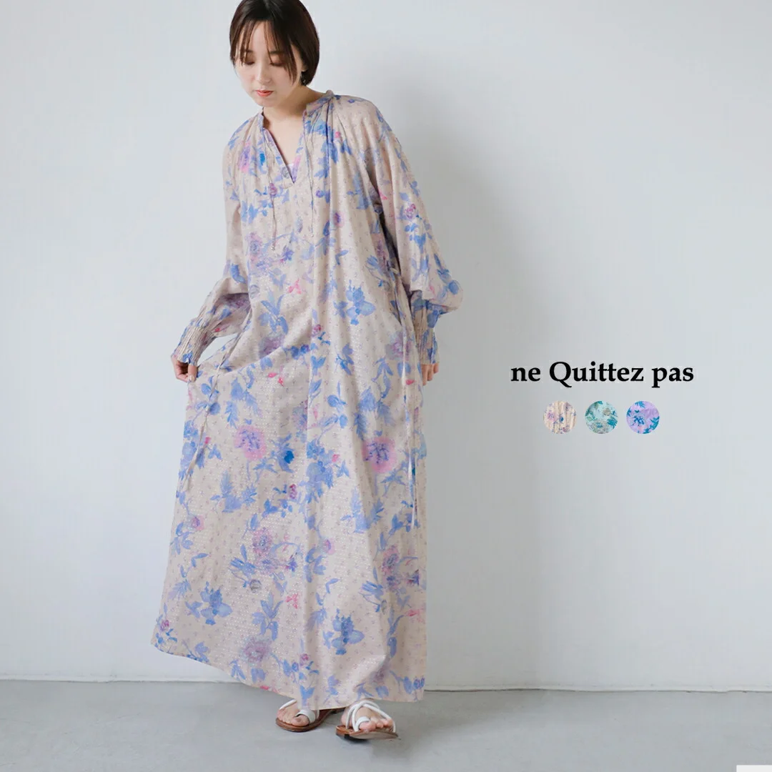 セール【20%OFF】ne Quittez pas ヌキテパ ドットドビー ブーケ ウェービーウエスト ドレス Dot Dobby Bouquet Wavy Waist Dress 010461wb1 レディース Vネック ロングワンピース フラワー 裏地付き ポケット付き【☆】