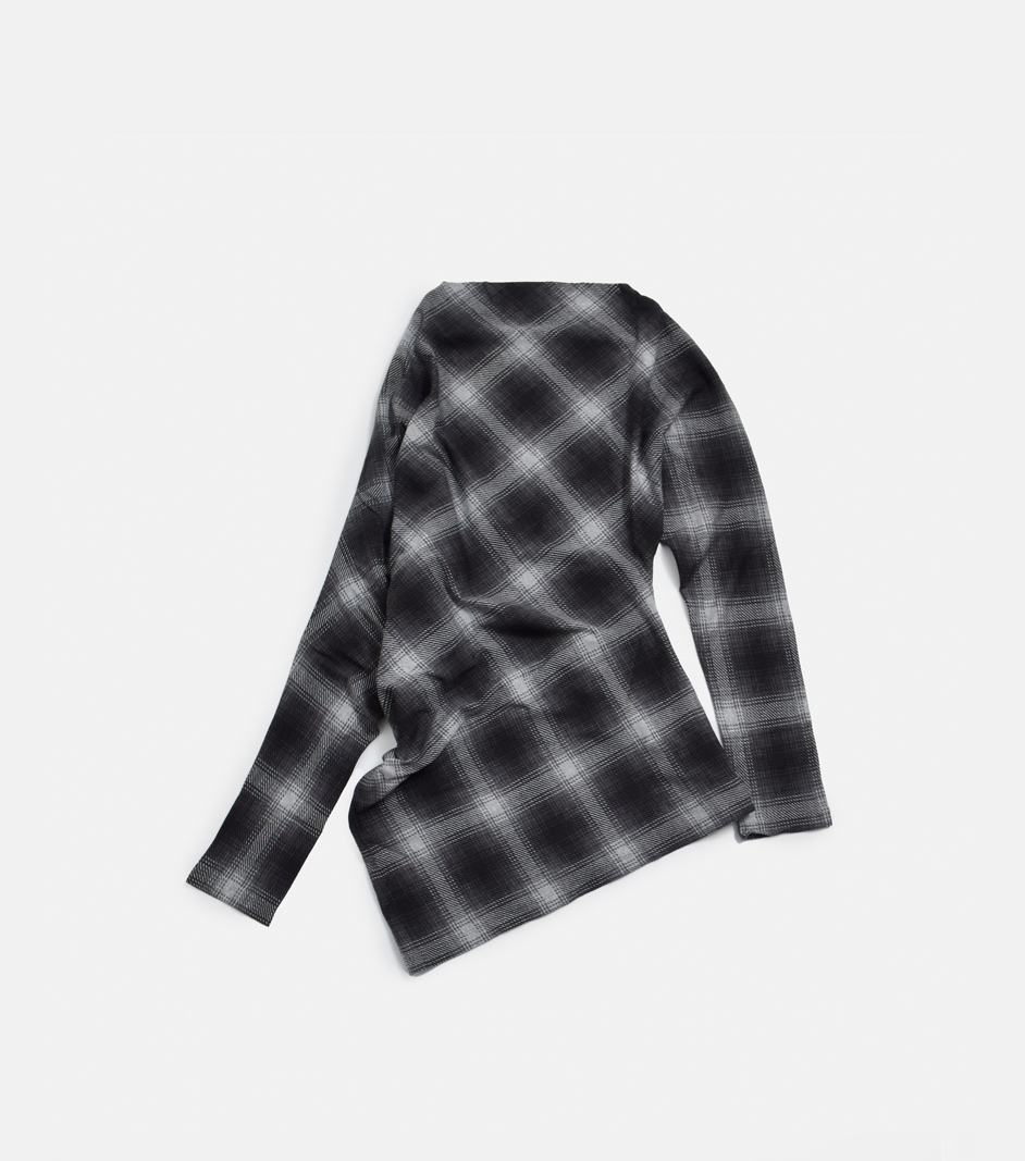PHEENYフィーニーオンブレチェックアシンメトリードレープ長袖Tシャツ 