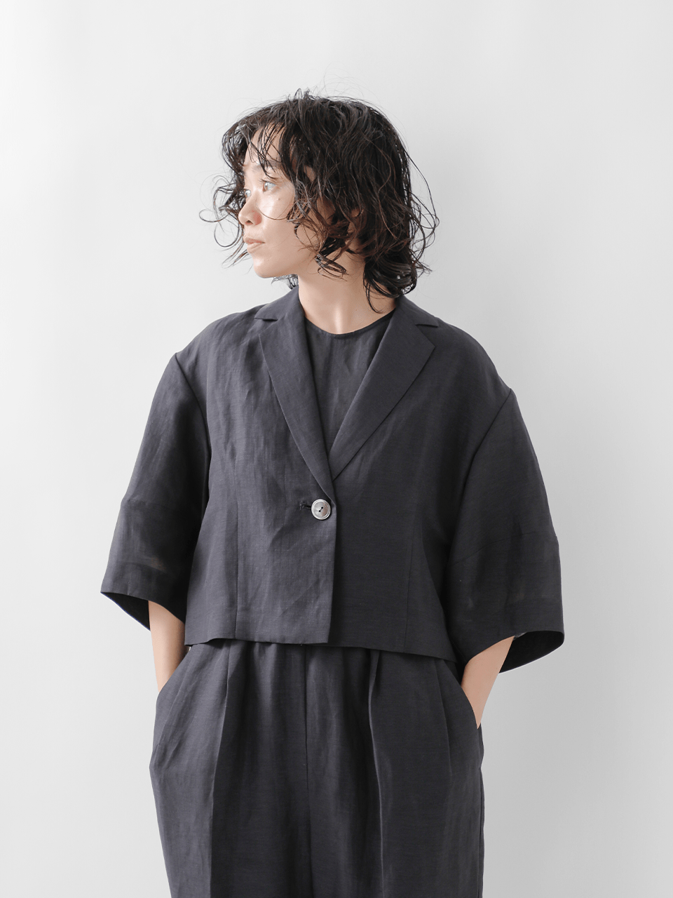 リネン チンツワッシャー 5分袖 シングル ジャケット od-jk4111