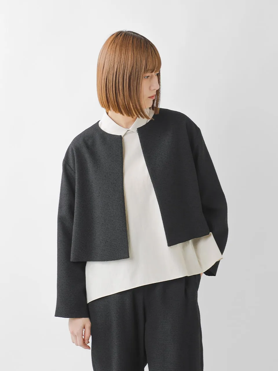 nooy(ヌーイ)ブークレ ジャガード ブラック ボレロ ジャケット fjk09