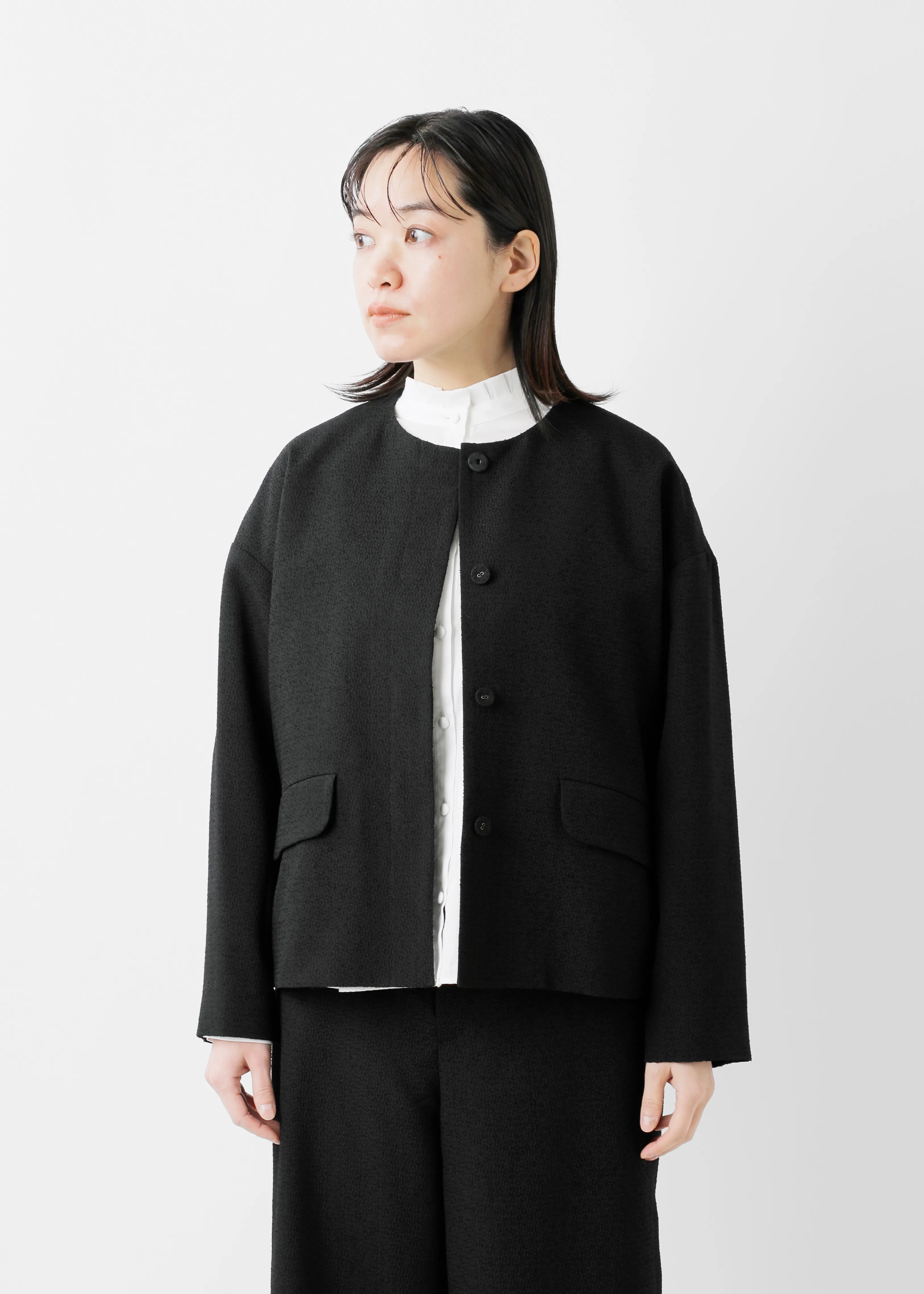 ブークレ ジャガード ブラック ノーカラー フラップ ジャケット fjk08